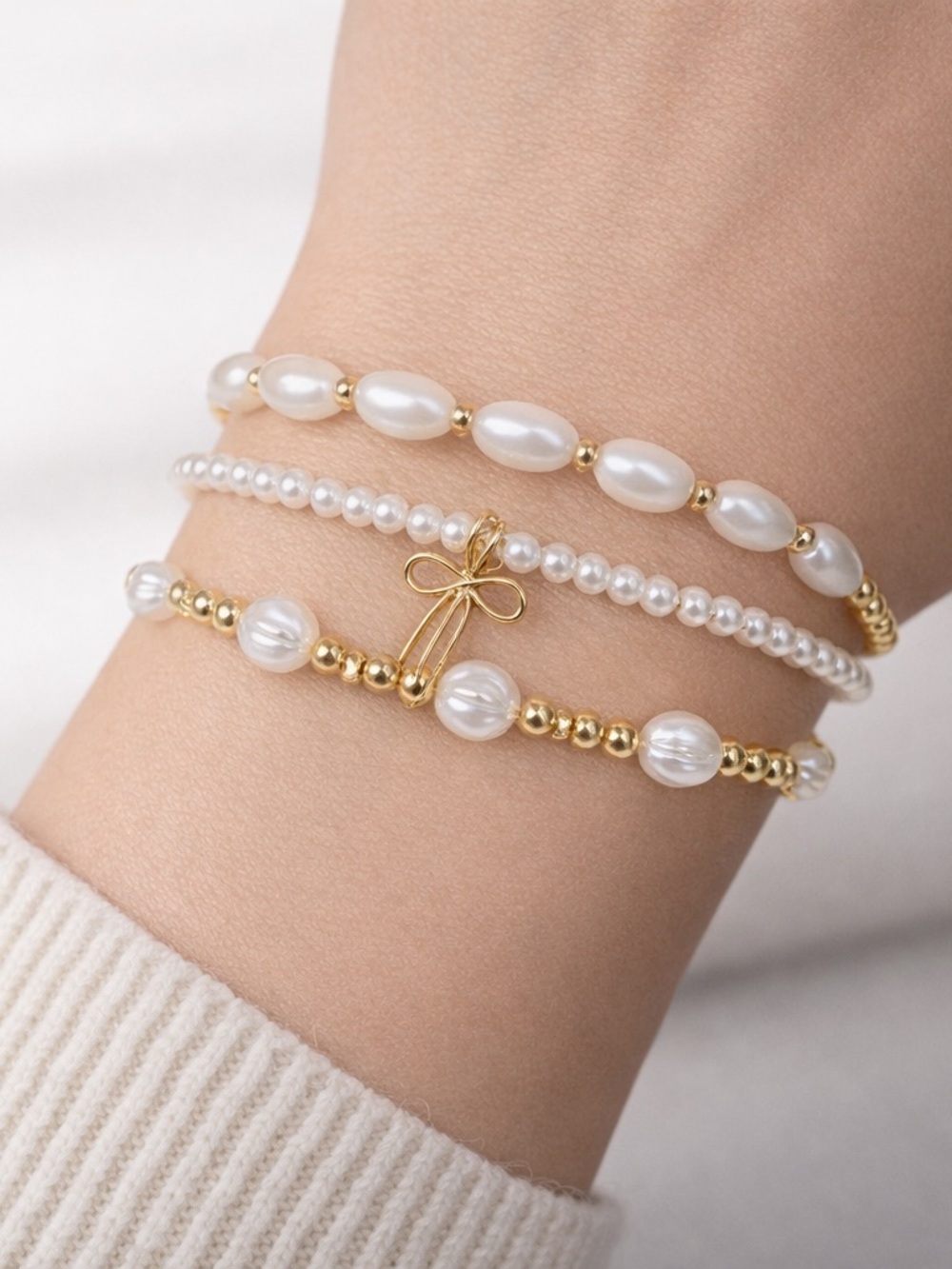 Gold and Pearl Beaded Stretch Bracelet Set  of 3 - Elegant Women’s Jewelry